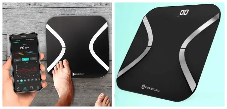 KoreScale Gen2 on a light blue background and another image of a man syncing his smartphone with KoreScale Gen2 and monitoring his progress and weight